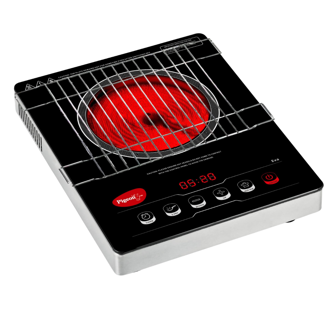 Pigeon Eva Infrared Cooktop 2000 Watts Black (with Free Stainless Steel Grill, Full touch Panel, Auto shut off and Overheat Protection)