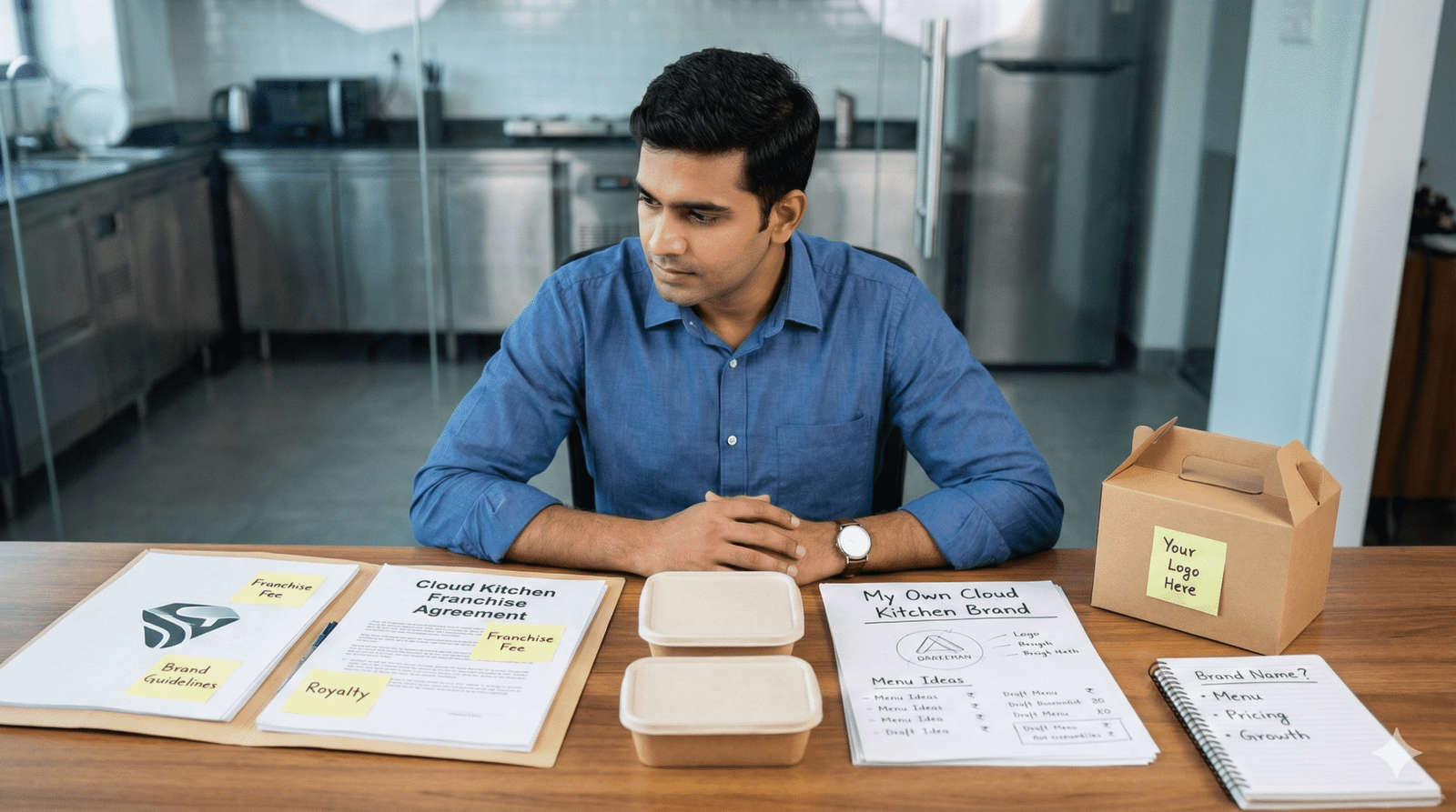 Entrepreneur comparing cloud kitchen franchise and own kitchen options on a laptop with documents