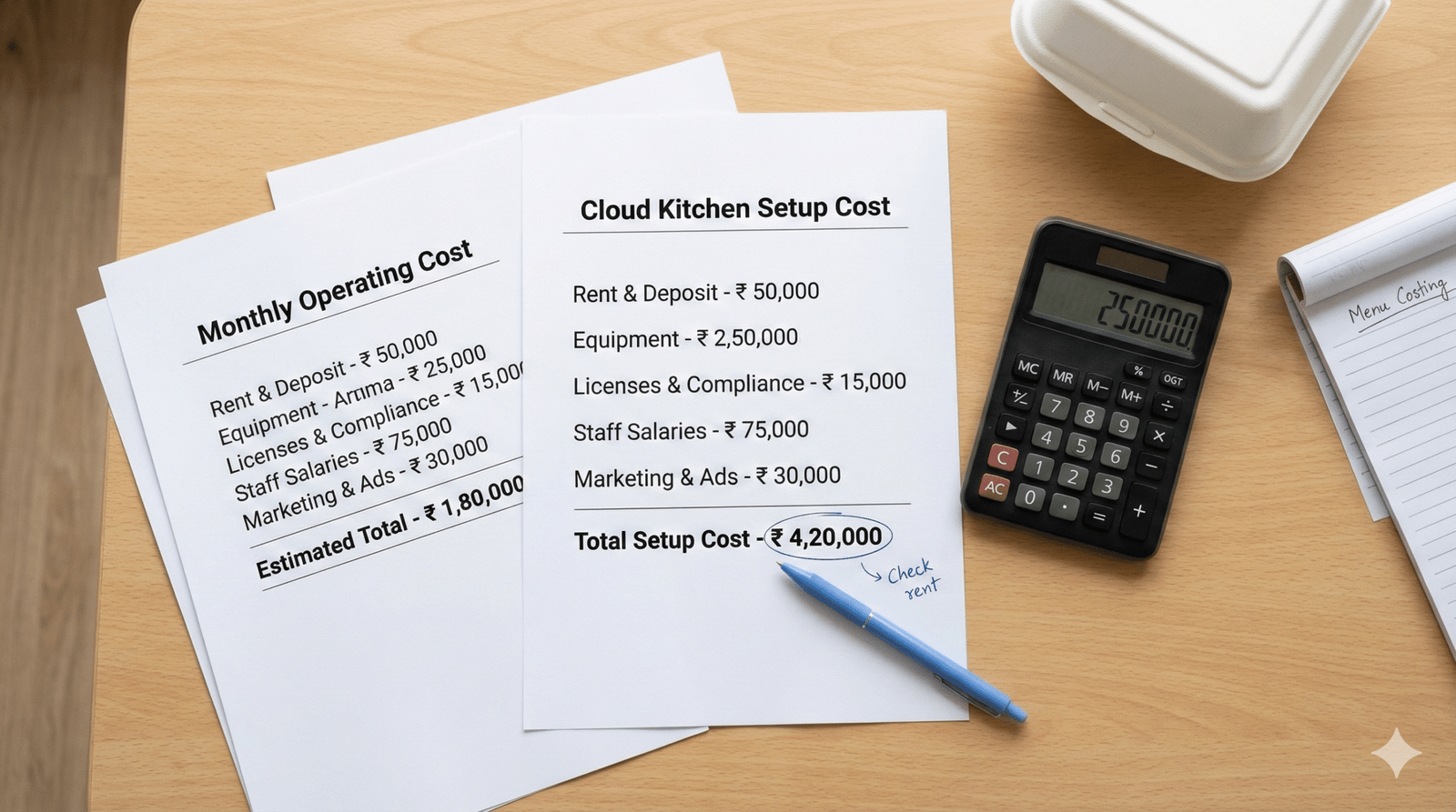 Printed cost breakdown sheets for cloud kitchen with calculator and pen on a table, cloud kitchen setup cost in India