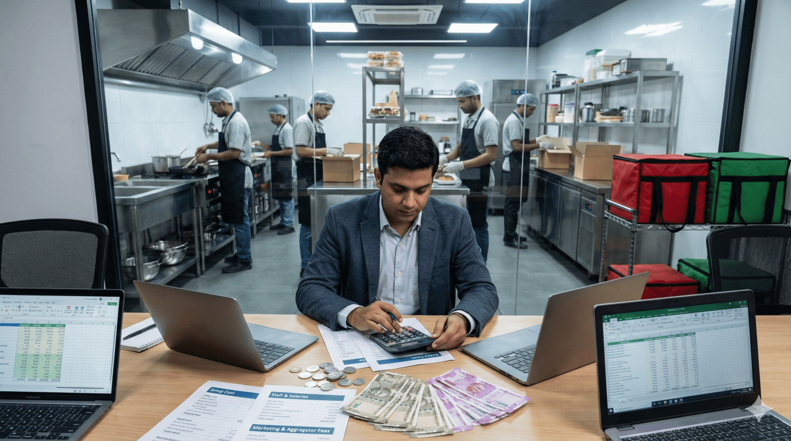 Founder calculating cloud kitchen setup and operating costs in India with a laptop and kitchen view, Cost to Start a Cloud Kitchen