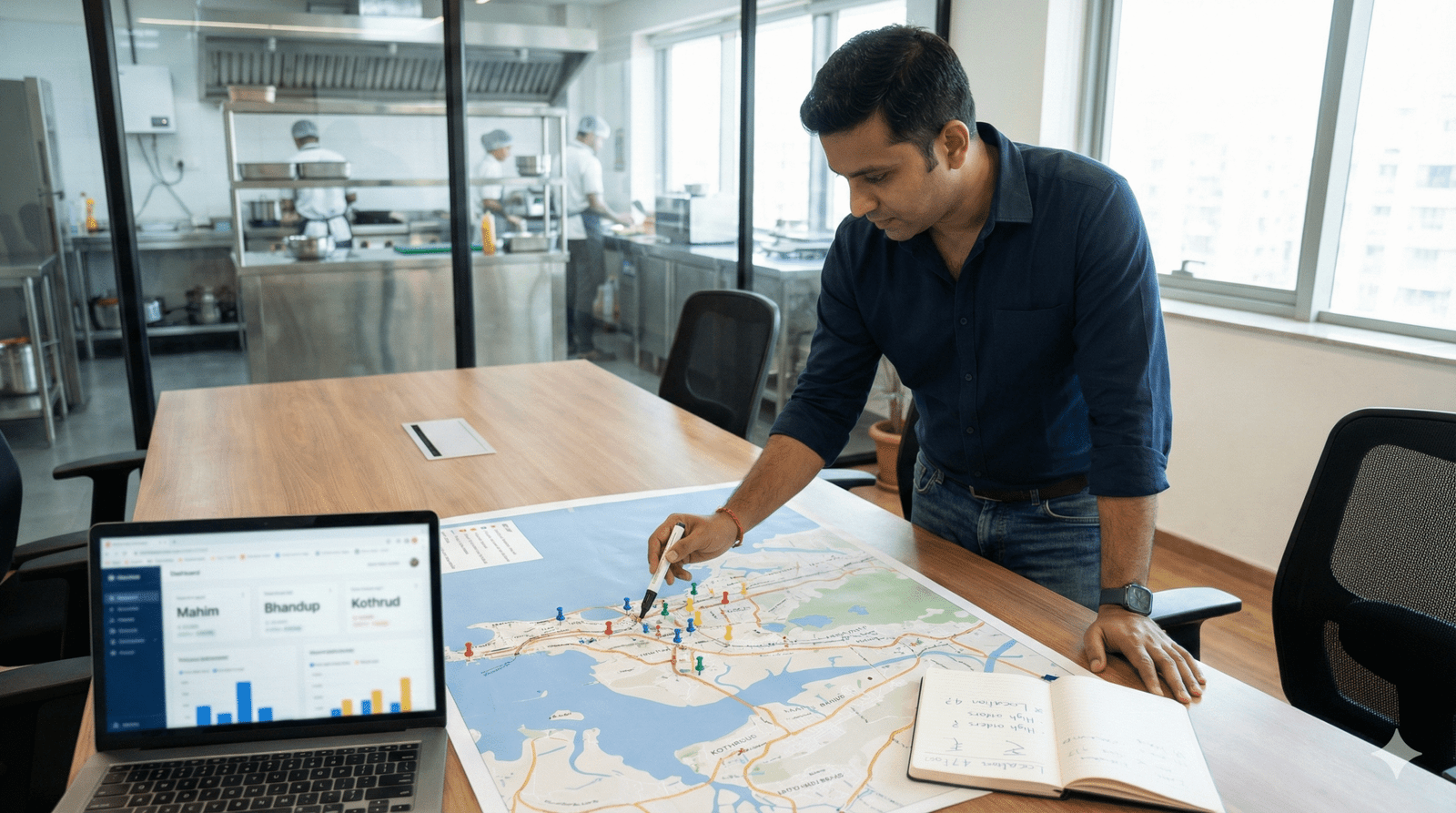 Indian founder looking at a map with multiple cloud kitchen locations marked and performance dashboards on a laptop, Cloud Kitchen to Multiple Locations