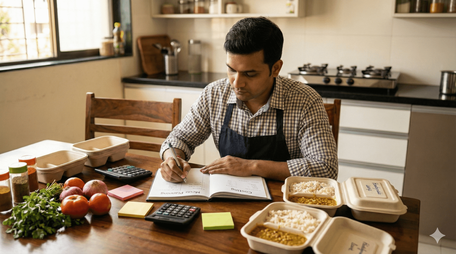 Home chef planning a menu on paper with ingredients and containers on the table, Start a Food Business from Home