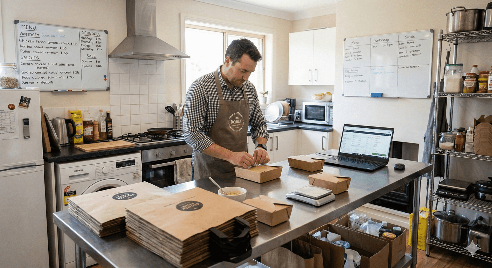 Indian home chef preparing food in a modern home kitchen with packaging boxes on the counter, Start a Food Business from Home