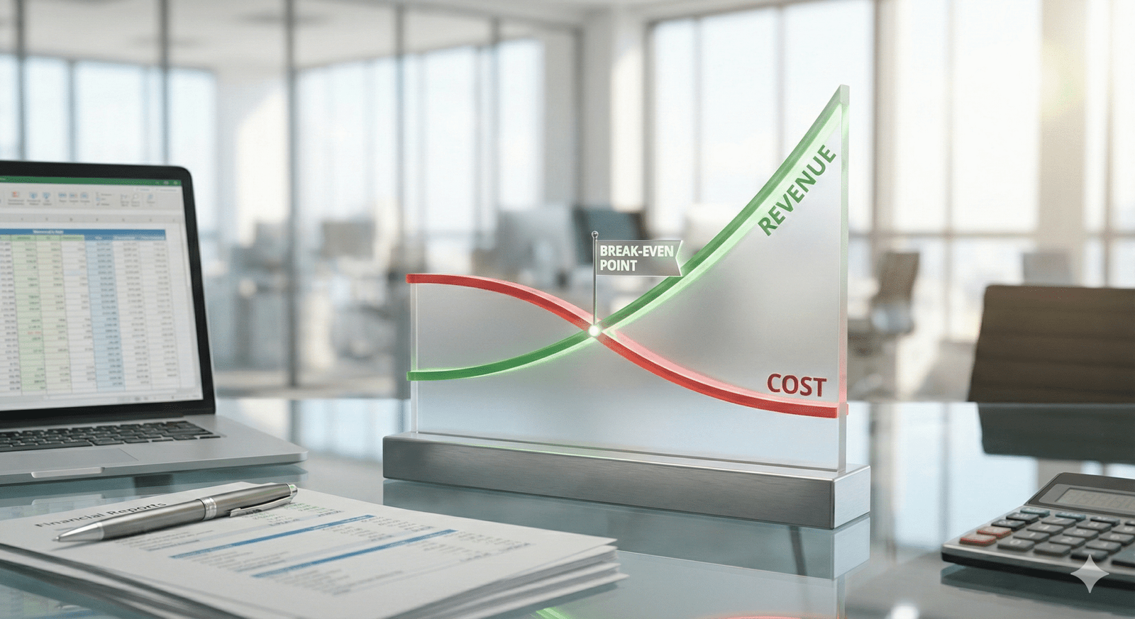 Graph comparing cloud kitchen revenue and cost lines crossing at break-even point, cloud kitchen profitable in India