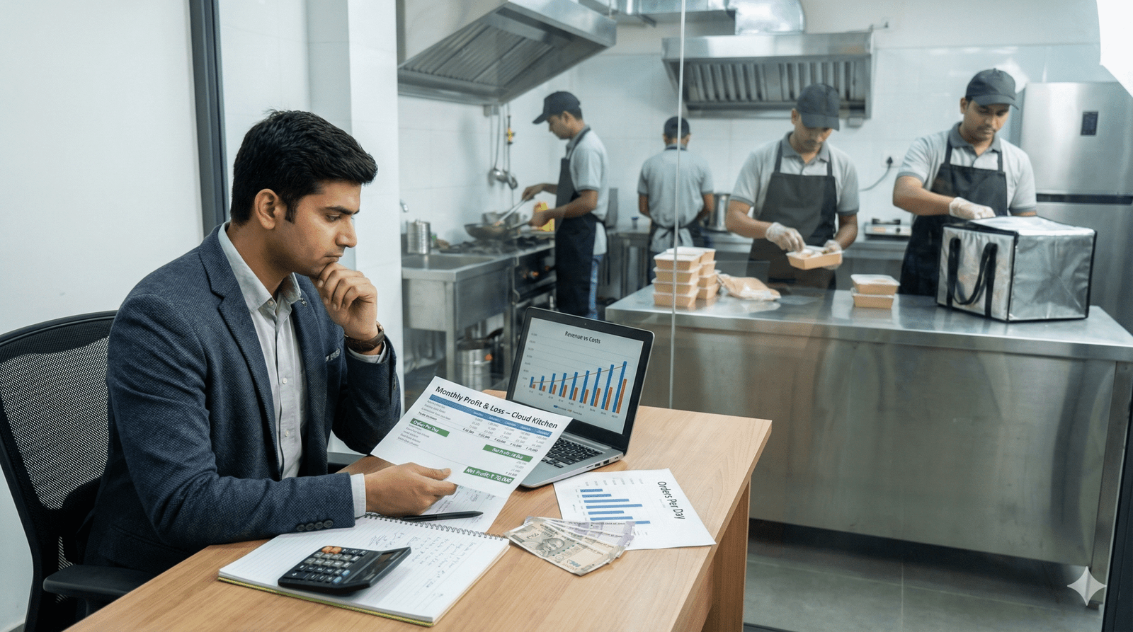 Indian cloud kitchen founder analysing profit numbers with a working kitchen in the background, cloud kitchen profitable in India