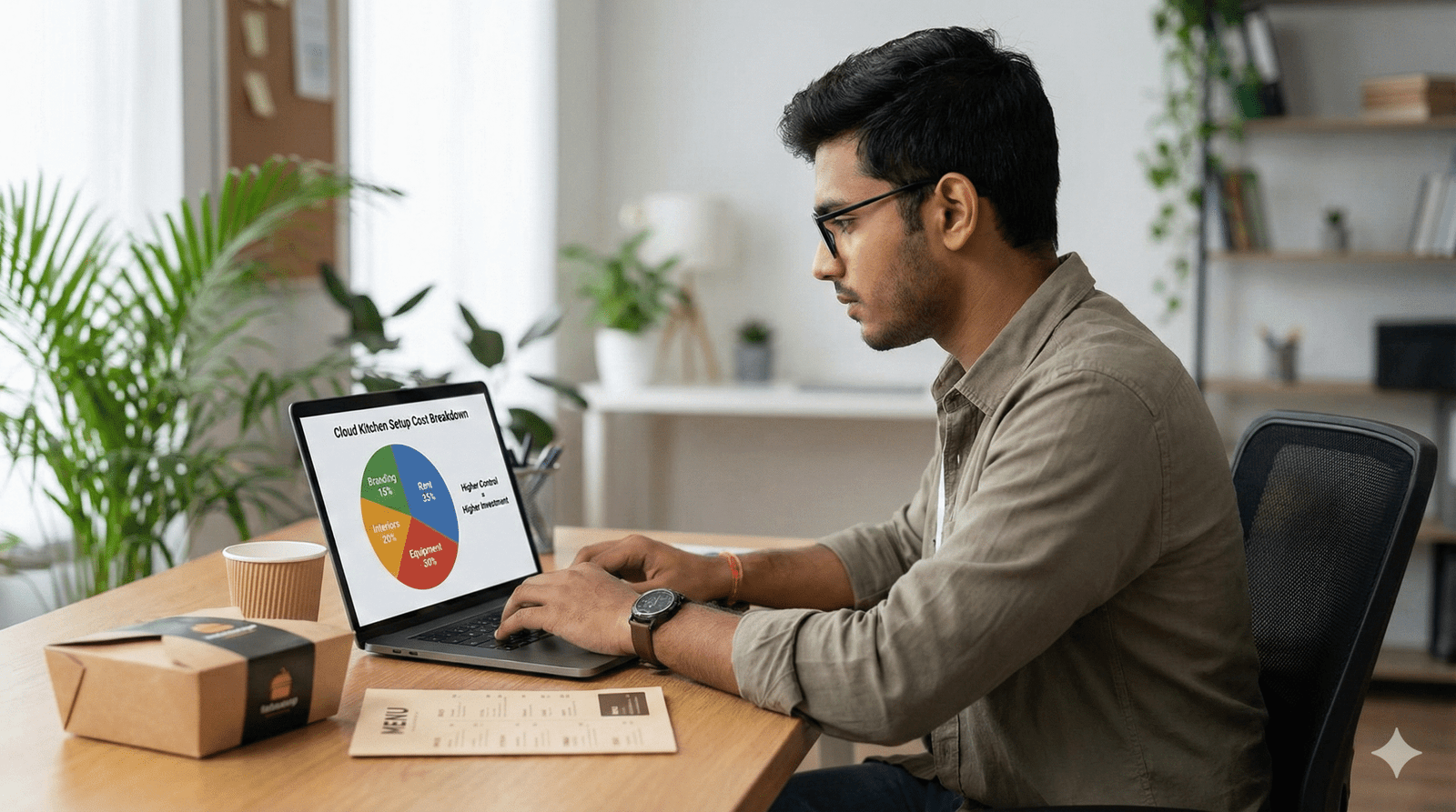Breakdown chart showing percentages of rent, equipment, interiors and branding in cloud kitchen setup cost, Cost to Start a Cloud Kitchen