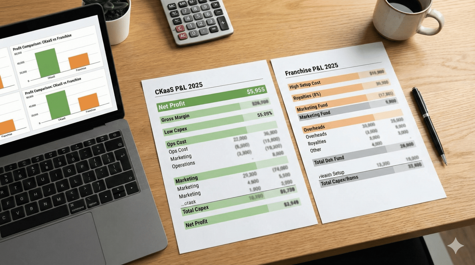 Illustrative CKaaS vs franchise profit and P&L comparison for 2025