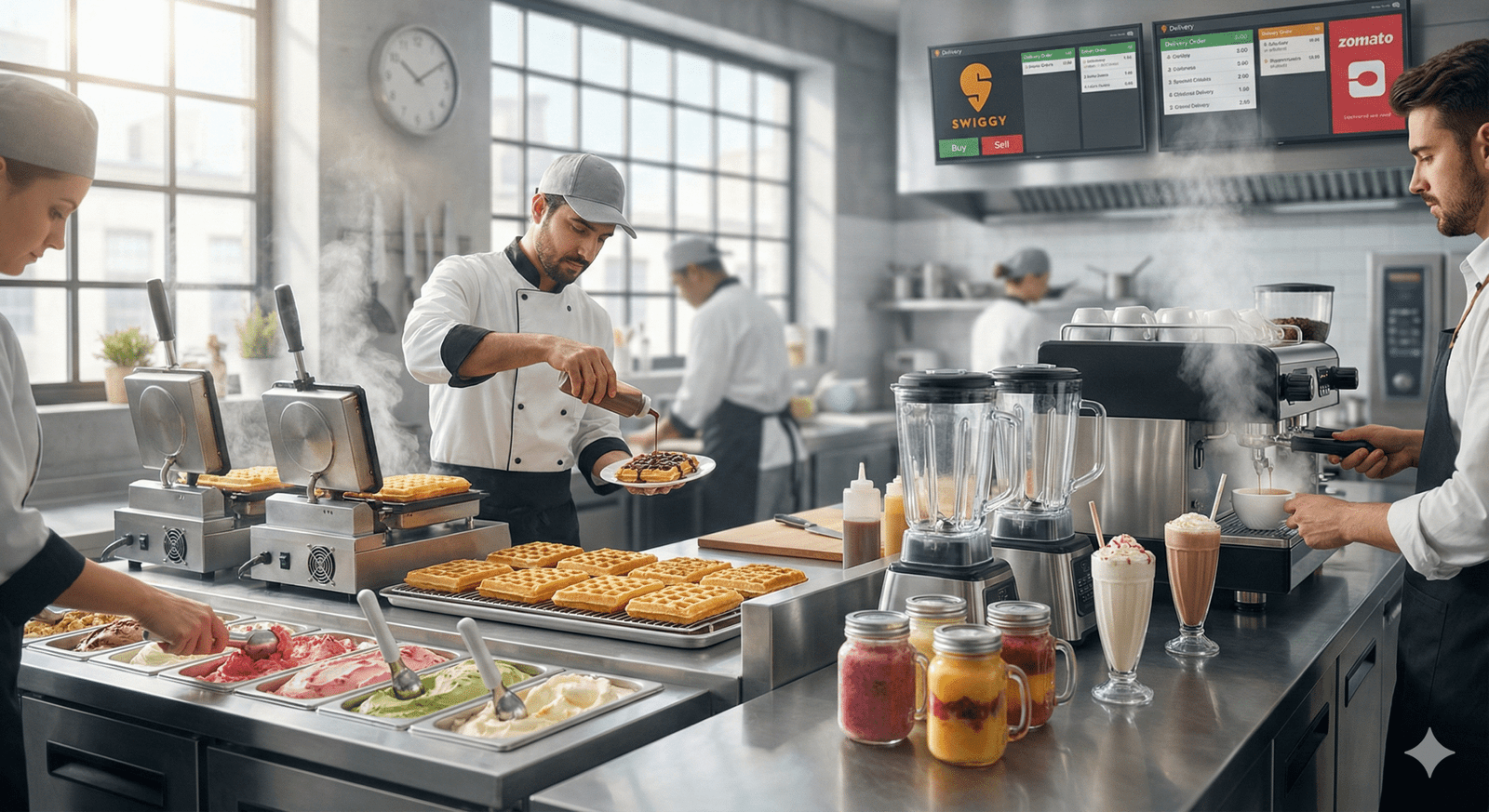 Central packing counter in a multi-brand cloud kitchen with SOP checklist, order screens, sealed bags and dispatch shelves