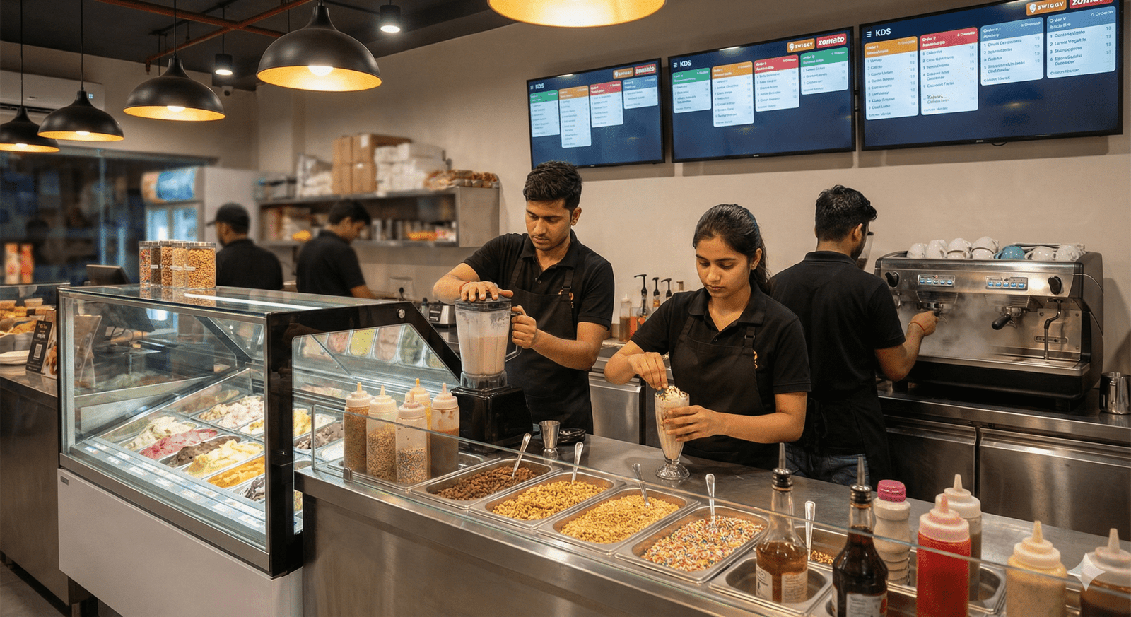 Modern Indian multi-brand cloud kitchen with separate zones for prep, cook line, packing counter and dispatch shelves; multiple order screens running simultaneously