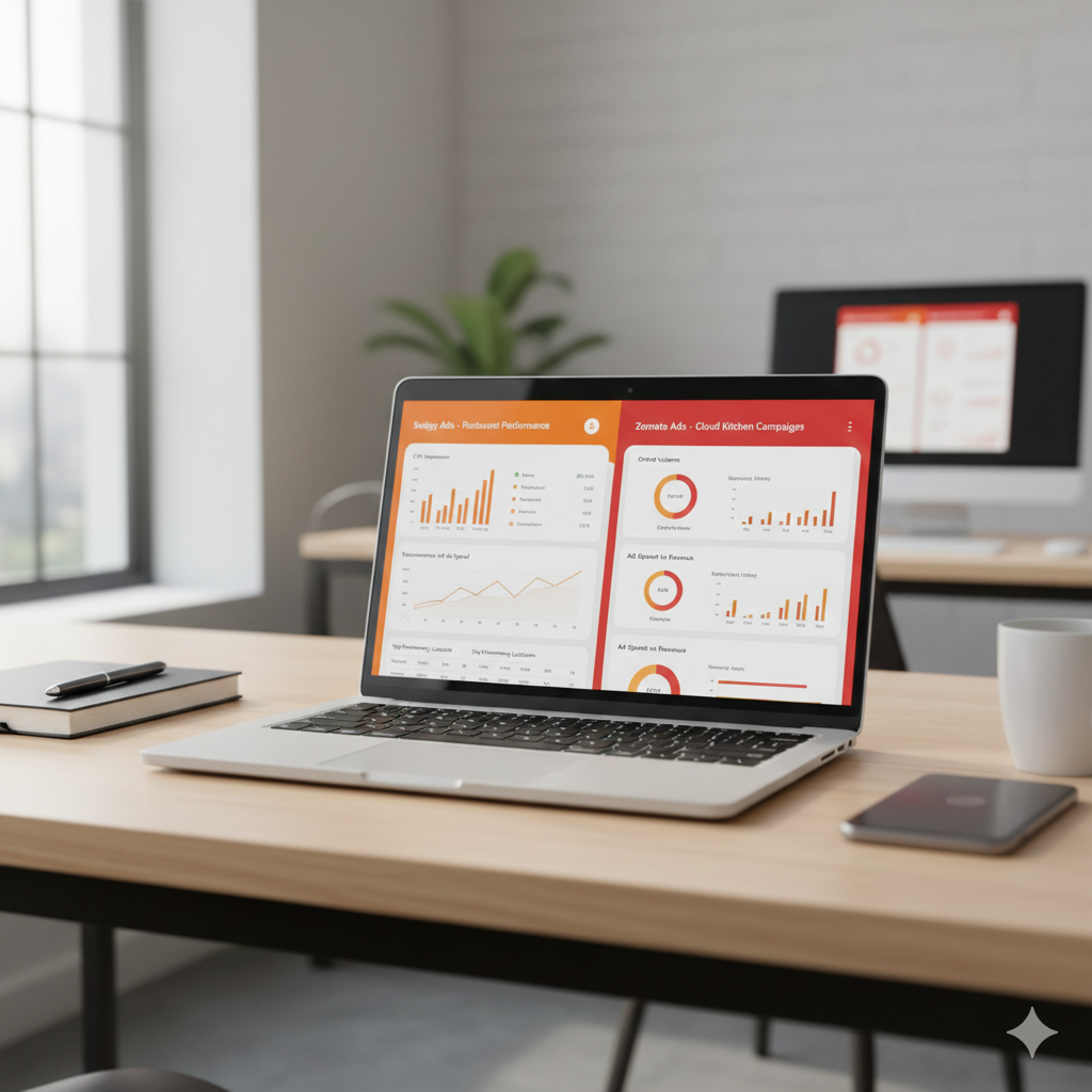 Digital marketing dashboards showing ad performance for restaurants and cloud kitchens