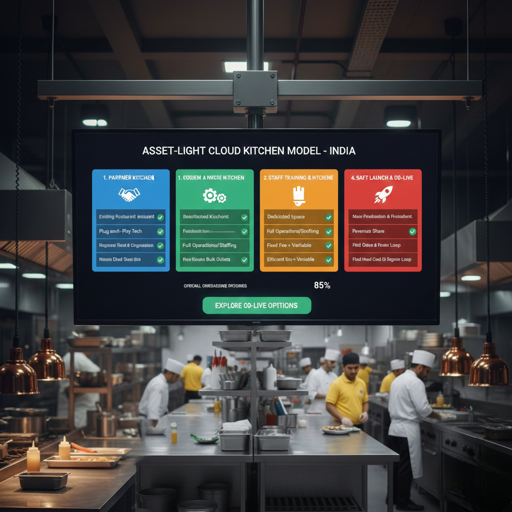 Asset light cloud kitchen model in India showing partner kitchen, managed kitchen, and hub-and-spoke options