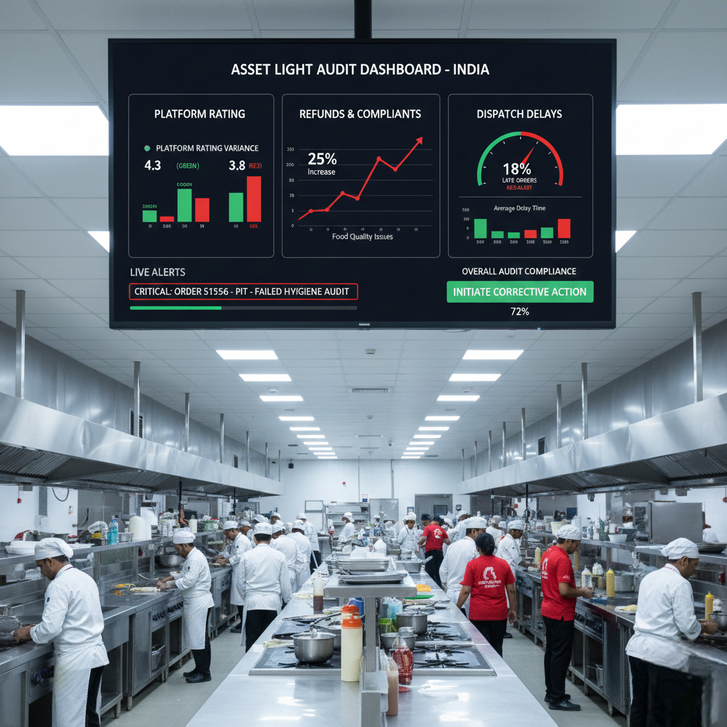 Audit dashboard for asset light cloud kitchen model tracking rating variance, refunds, and dispatch delays