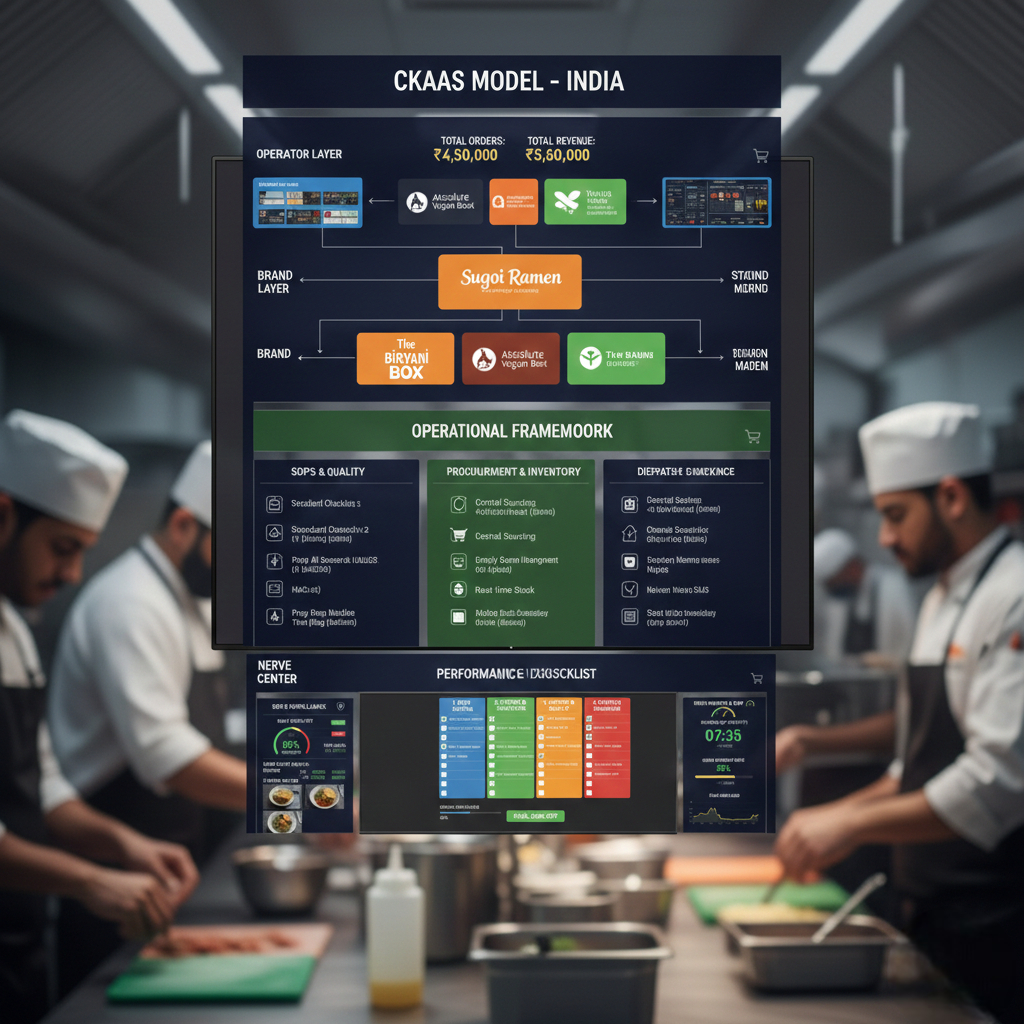CKaaS model in India showing operator layer, brand layer, SOPs, procurement, and performance dashboards