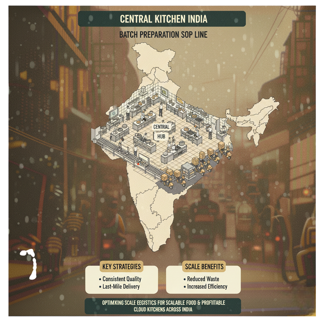 Central kitchen batch preparation SOP line with portion control and packaging stations