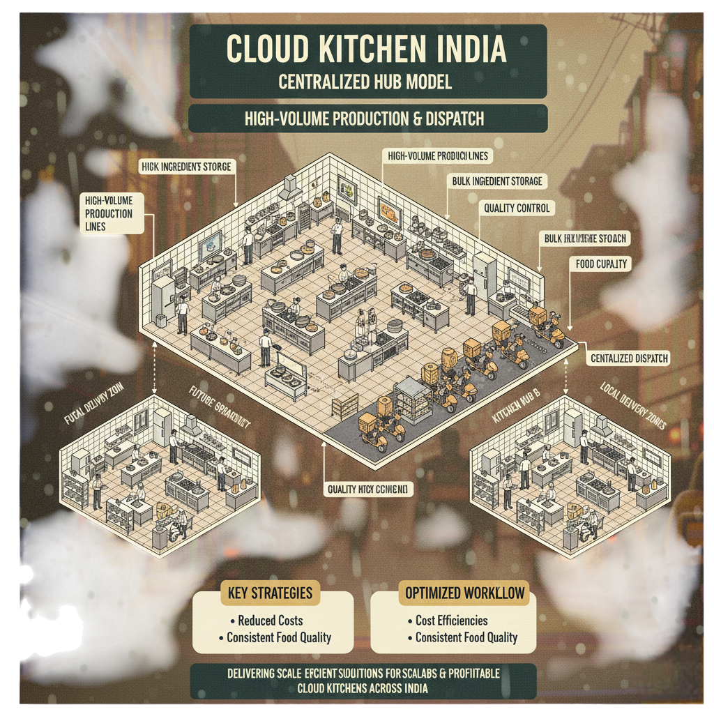 Centralized cloud kitchen hub model in India with high-volume production and dispatch