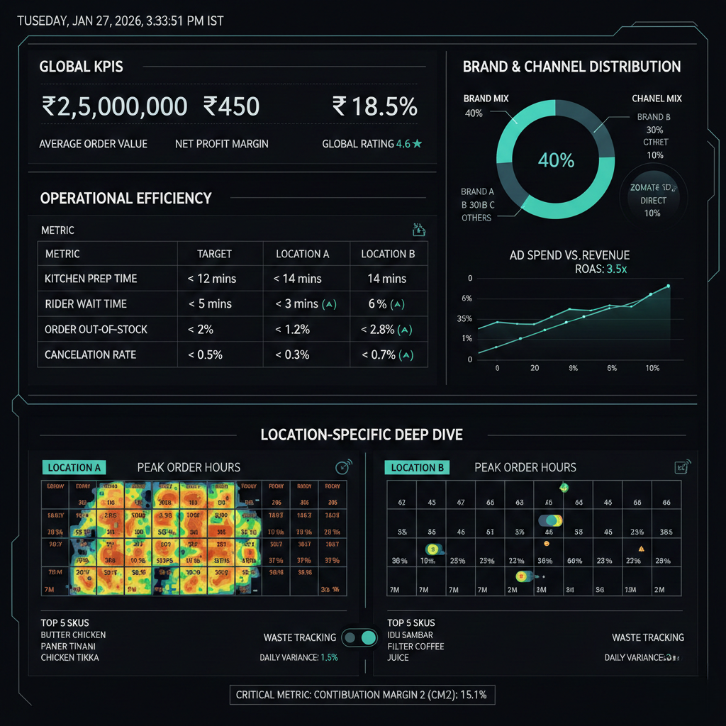 Centralized cloud kitchen operations dashboard showing multi-location KPIs