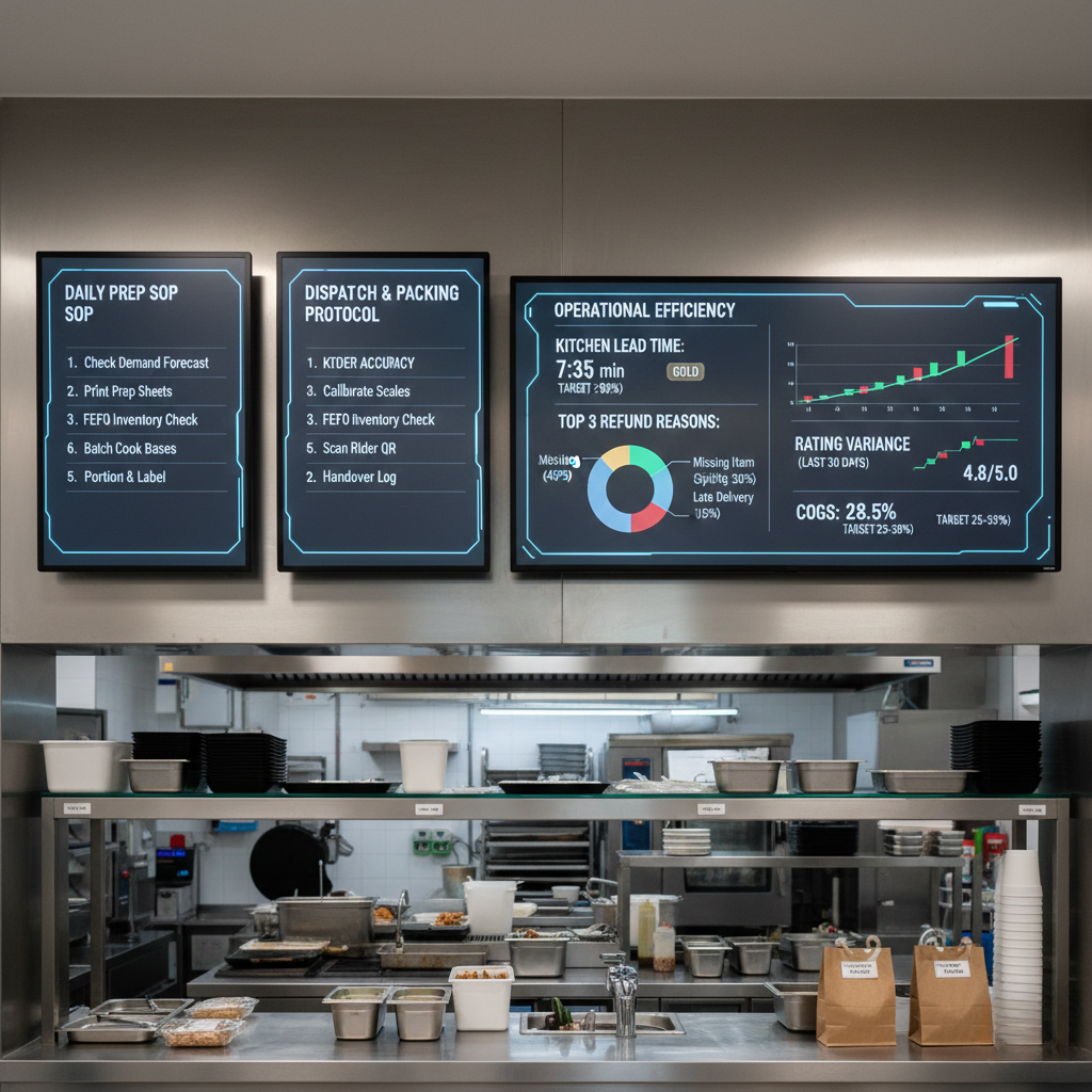 Cloud kitchen SOP boards and KPI dashboard showing prep, packing, refund reasons, and rating variance