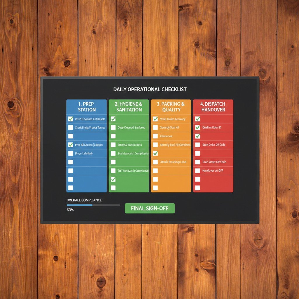 Cloud kitchen SOP checklist dashboard with daily checks for prep, hygiene, packing, and dispatch