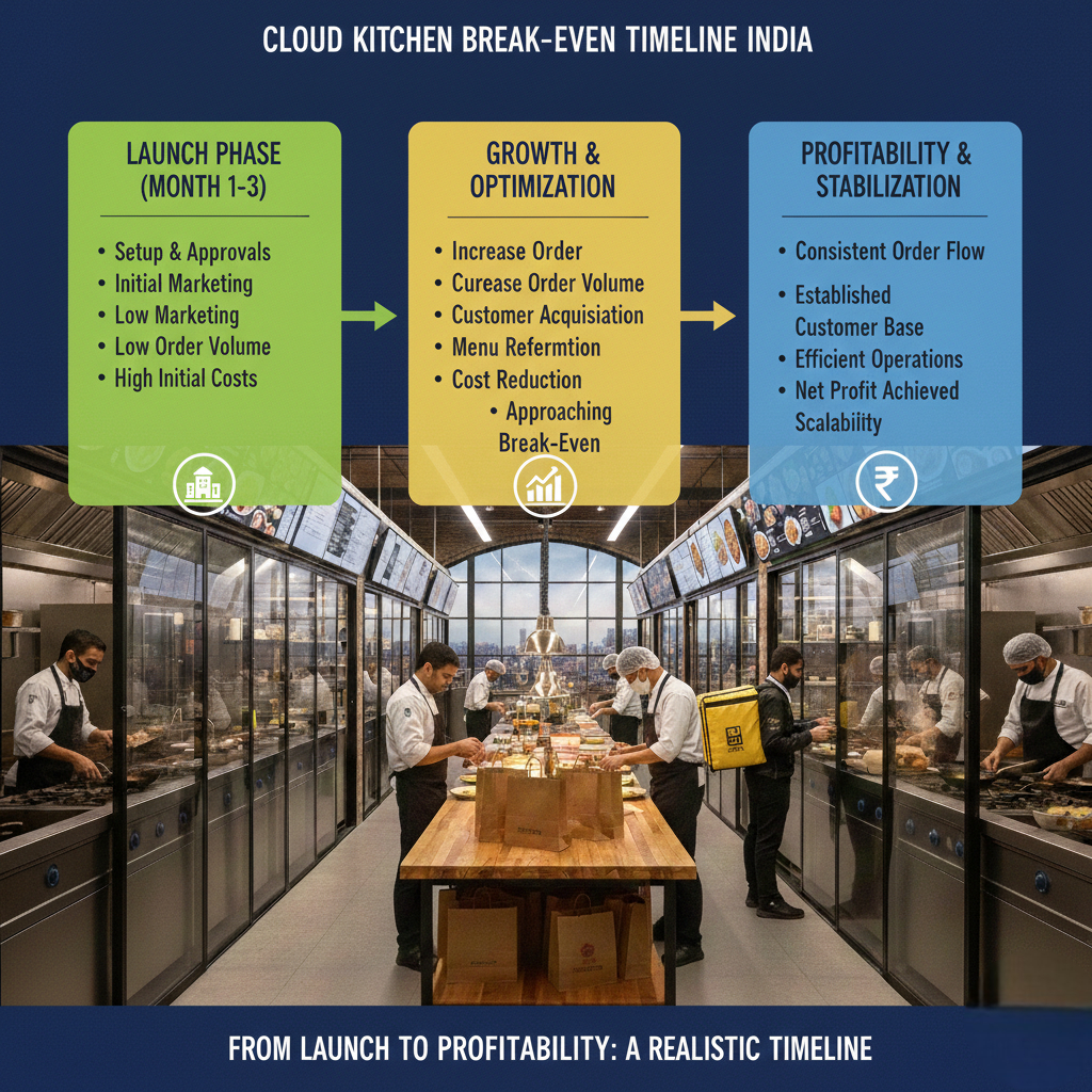 Cloud kitchen break even timeline in India from launch to profitability