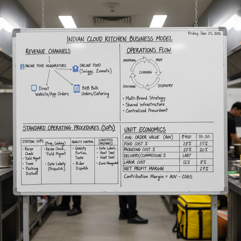 Cloud kitchen business model in India showing revenue channels, operations, SOPs, and unit economics