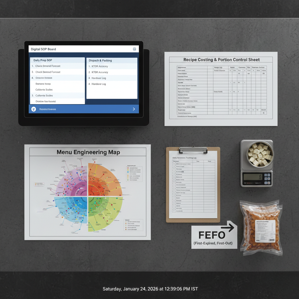 Cloud kitchen consulting deliverables showing SOP board, costing sheet, menu engineering map, and inventory controls