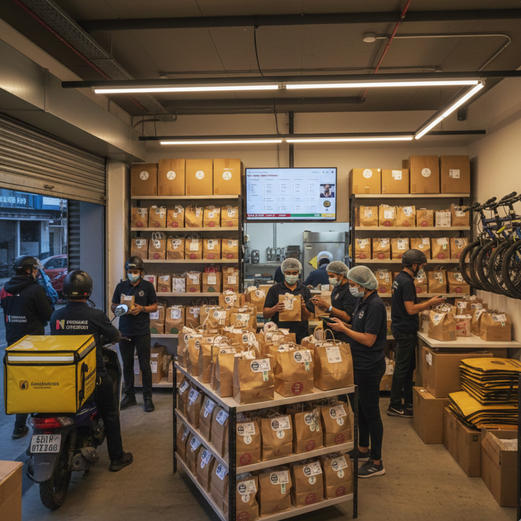 Cloud kitchen dispatch area with packed orders and rider pickup workflow