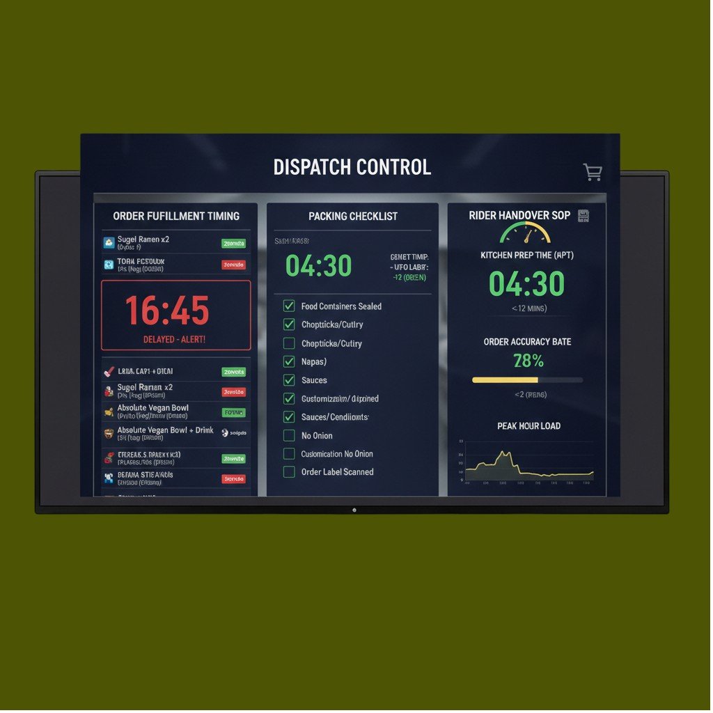 Cloud kitchen dispatch control using KDS timing, packing checklist, and rider handover SOP