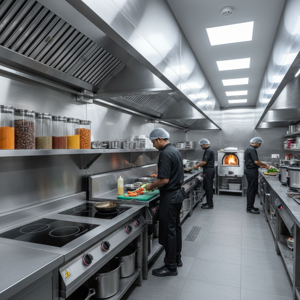 Cloud kitchen equipment setup in India with stainless stations and induction cooking