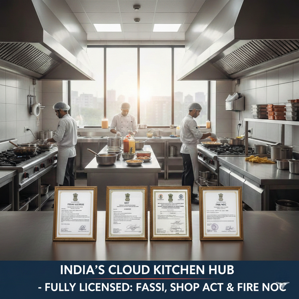 Cloud kitchen licenses in India including FSSAI, GST, Shop Act, and Fire NOC