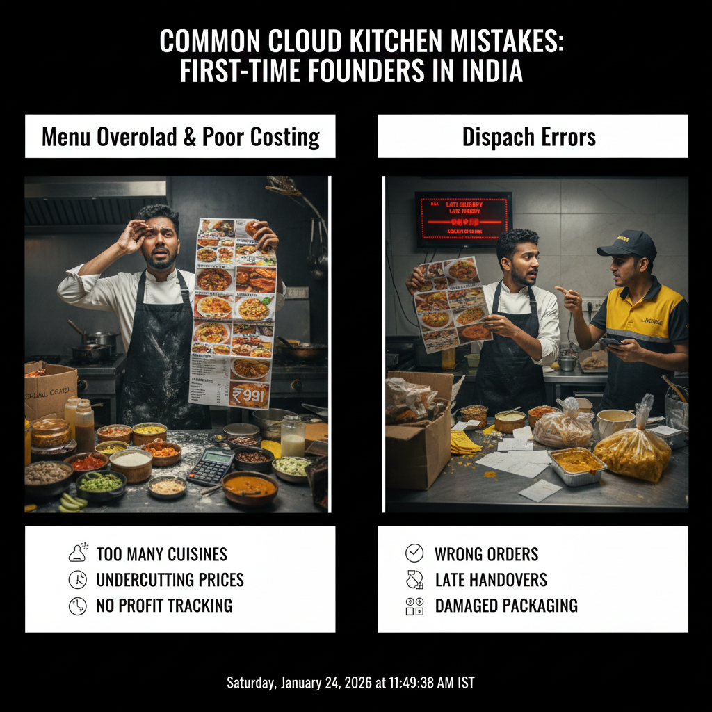 Cloud kitchen mistakes first-time founders make in India showing menu overload, poor costing, and dispatch errors