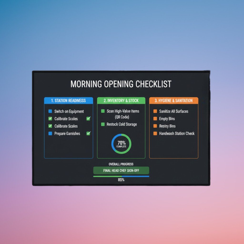 Cloud kitchen opening checklist with station readiness, inventory scan, and hygiene checks