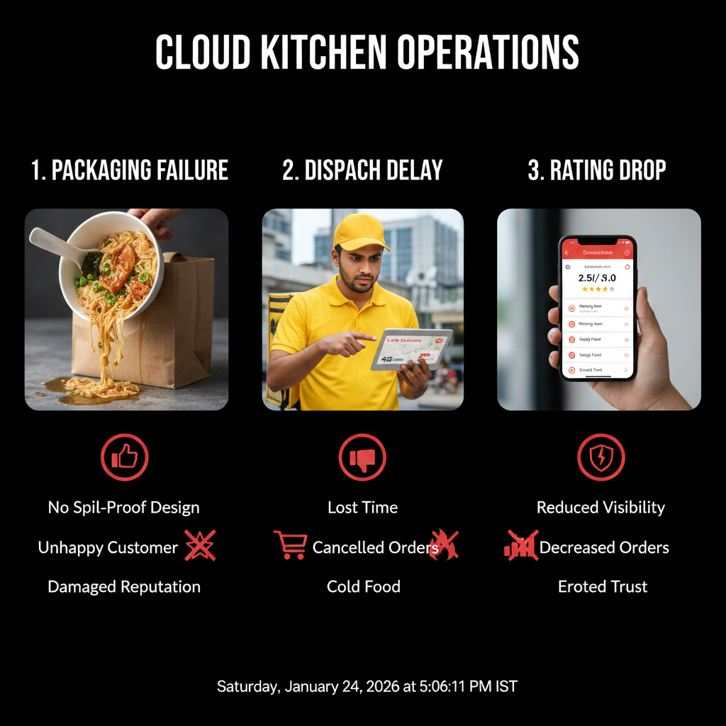 Cloud kitchen operations showing packaging failure, dispatch delay, and rating drop