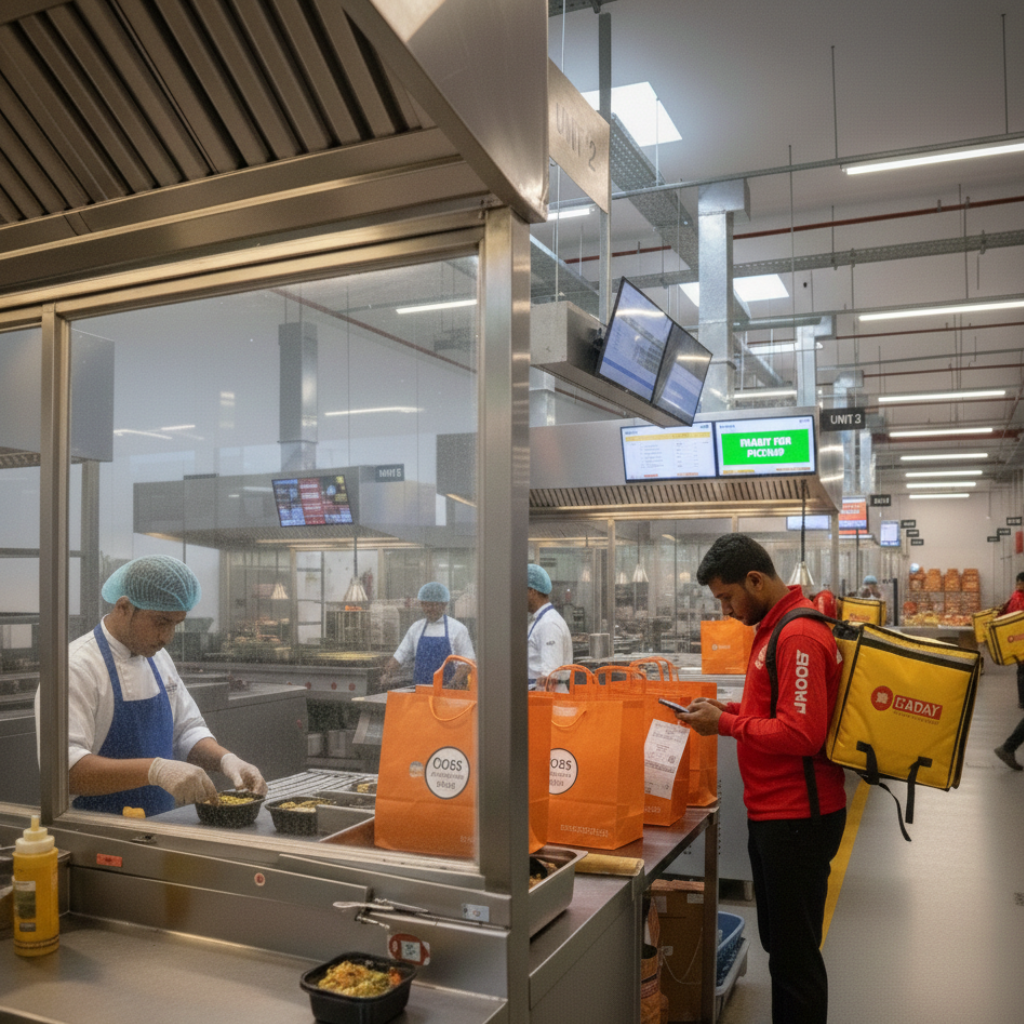 Peak hour order burst in cloud kitchens causing bottlenecks in cooking, packing, and dispatch