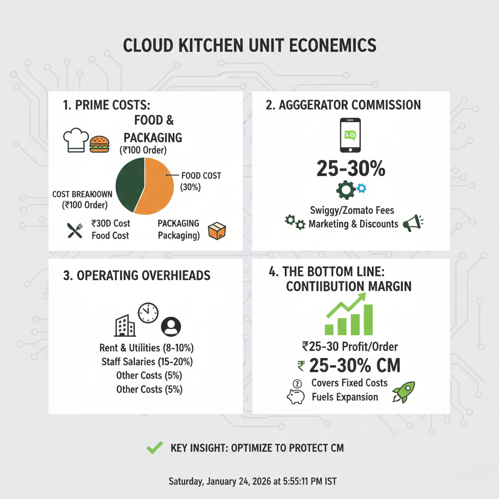 Cloud kitchen unit economics showing food cost, packaging, commission, and contribution margin