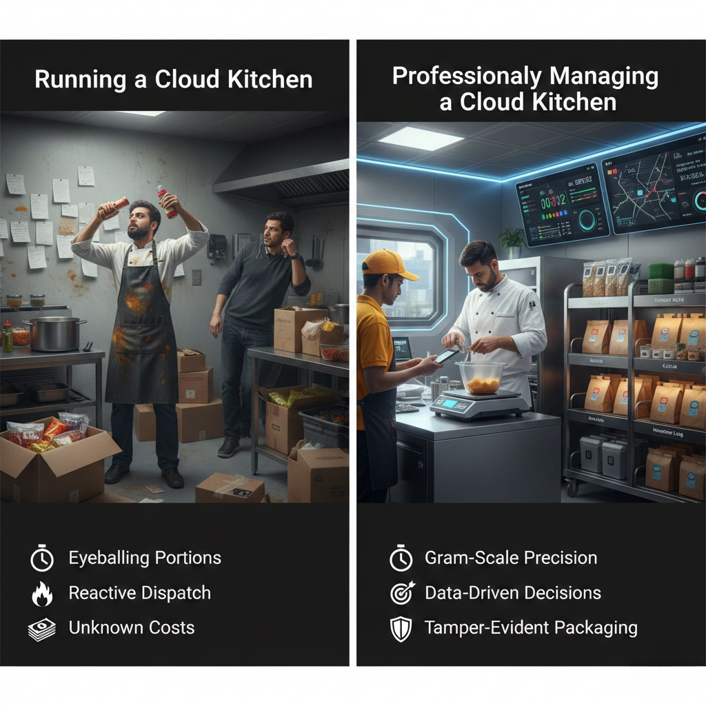 Difference between running and professionally managing a cloud kitchen showing SOPs, KPIs, and dispatch control