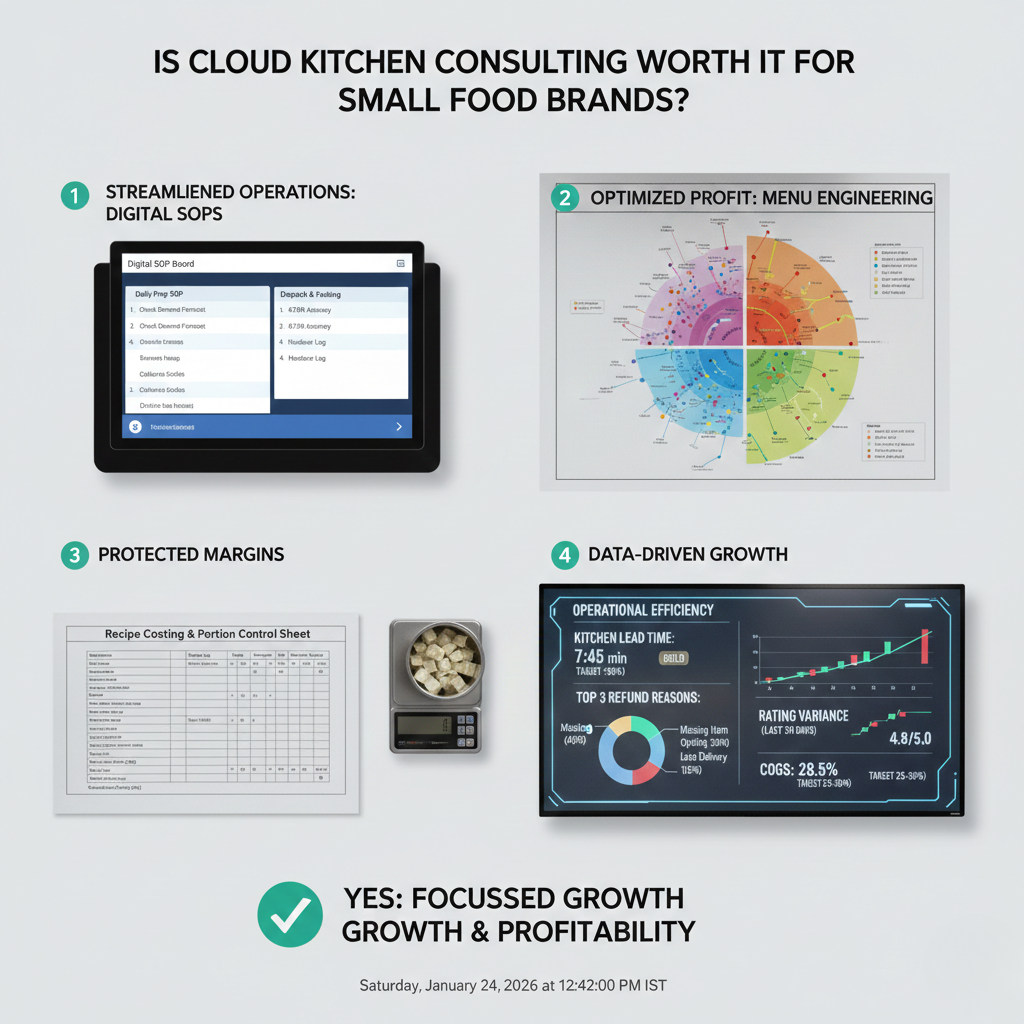 Is cloud kitchen consulting worth it for small food brands showing SOPs, menu engineering, costing, and KPI dashboard