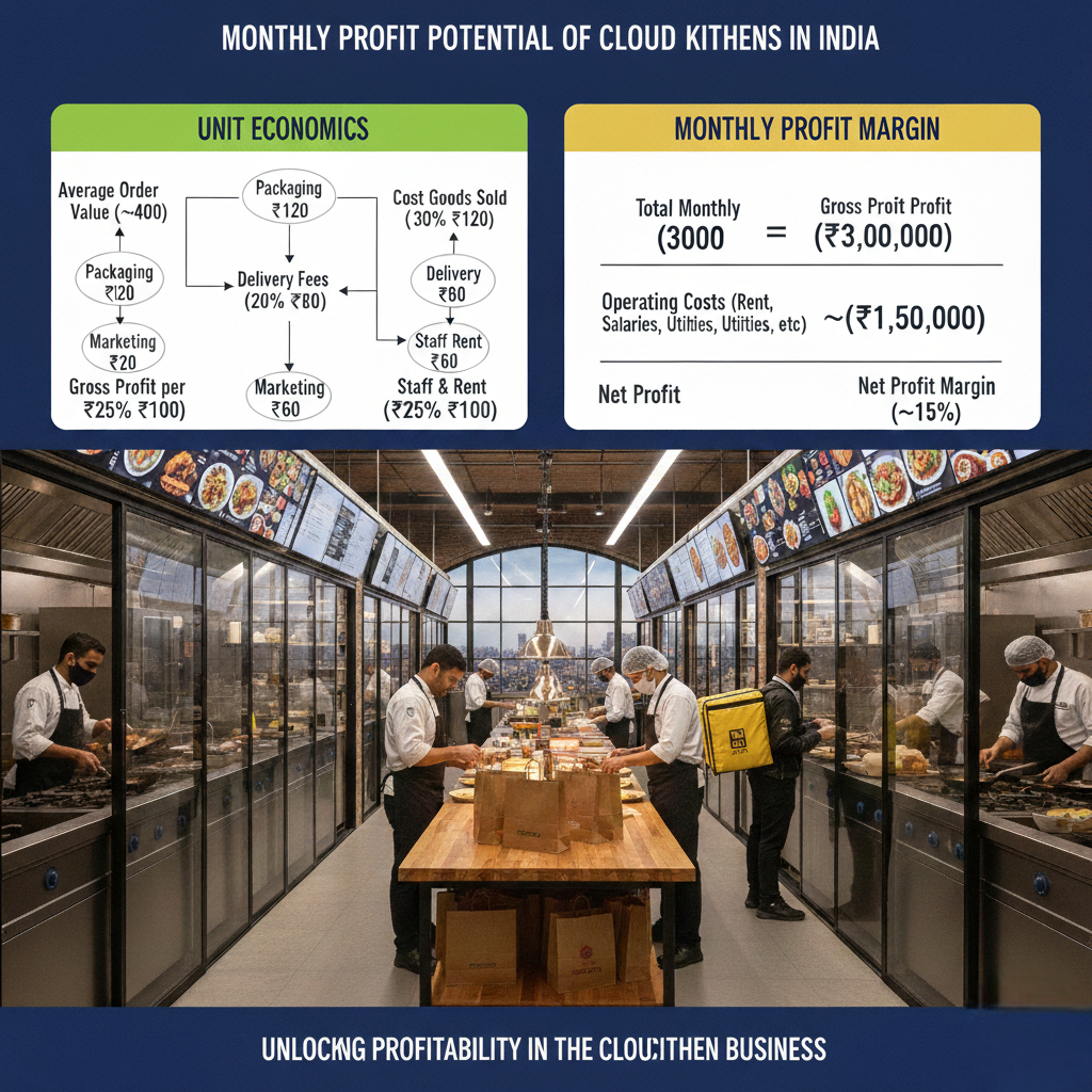 Monthly cashflow drain framework for cloud kitchens showing food cost drift, refunds, wastage, inventory variance and discount burn