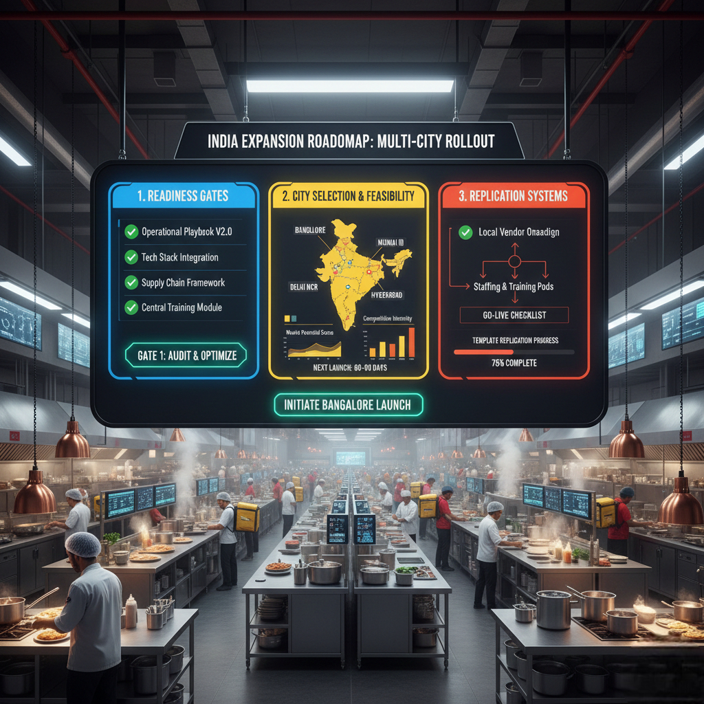 Multi city cloud kitchen expansion roadmap in India showing readiness gates, city selection, and replication systems