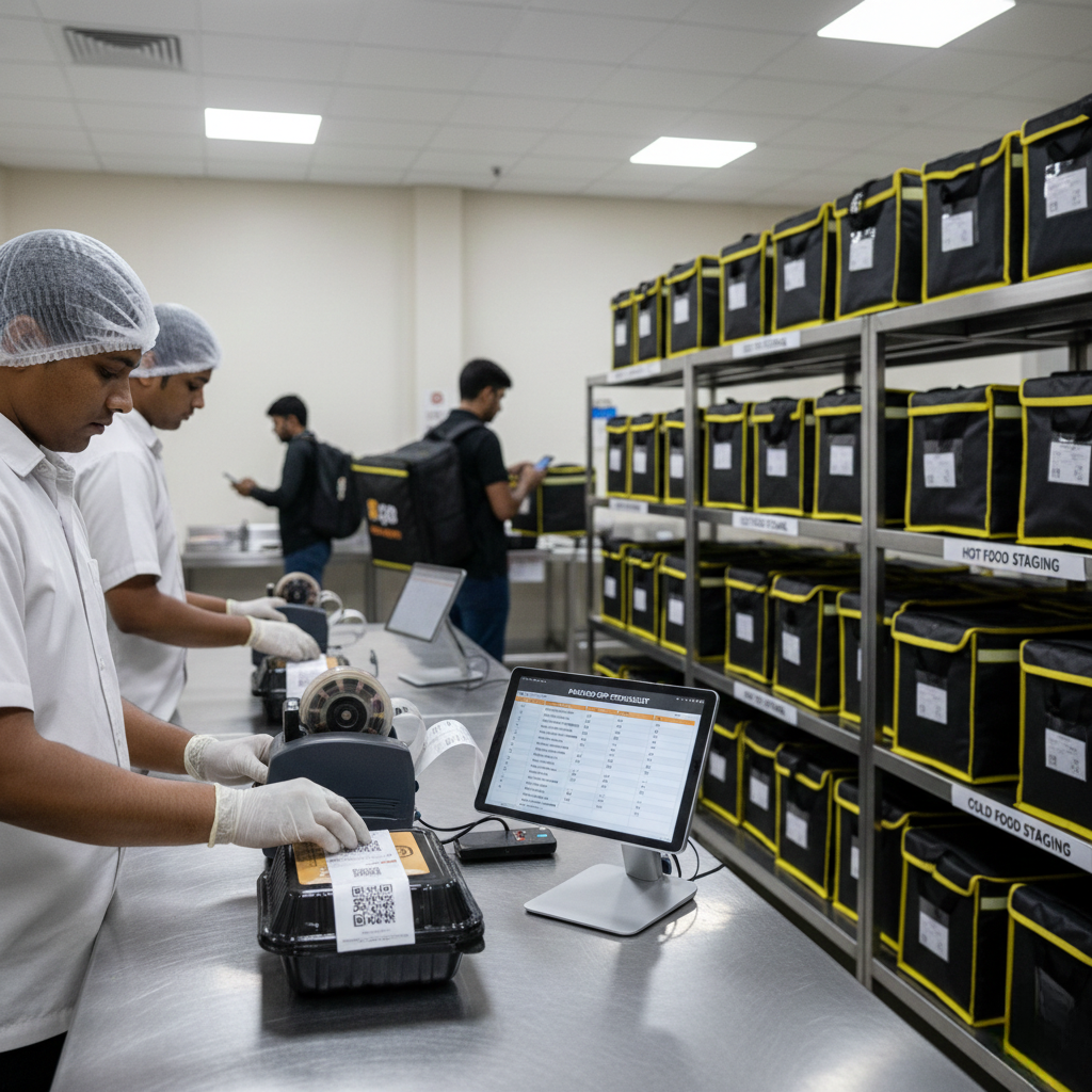 Packing and dispatch station showing label printer, packing checklist, hot/cold segregation, and order racks to prevent errors and refunds