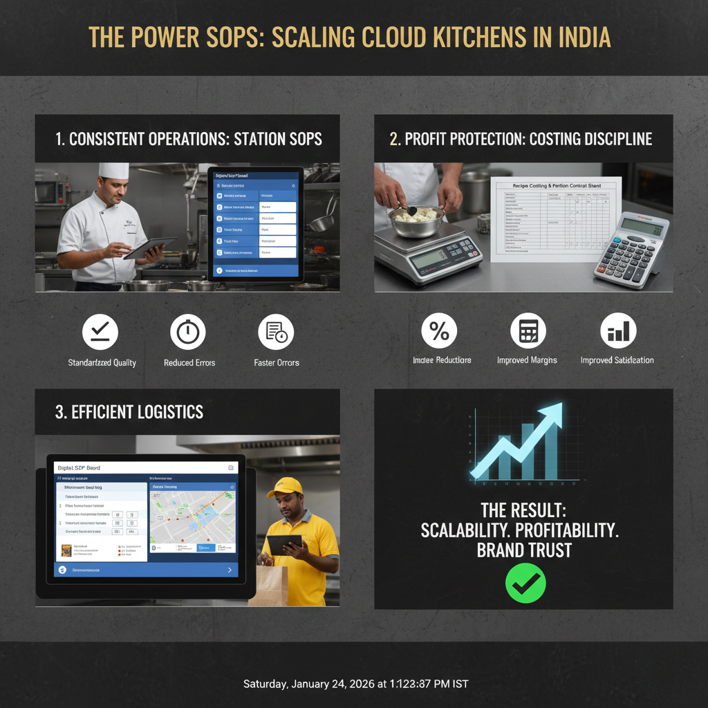 Role of SOPs in scaling cloud kitchens in India showing station SOPs, costing discipline, and dispatch flow