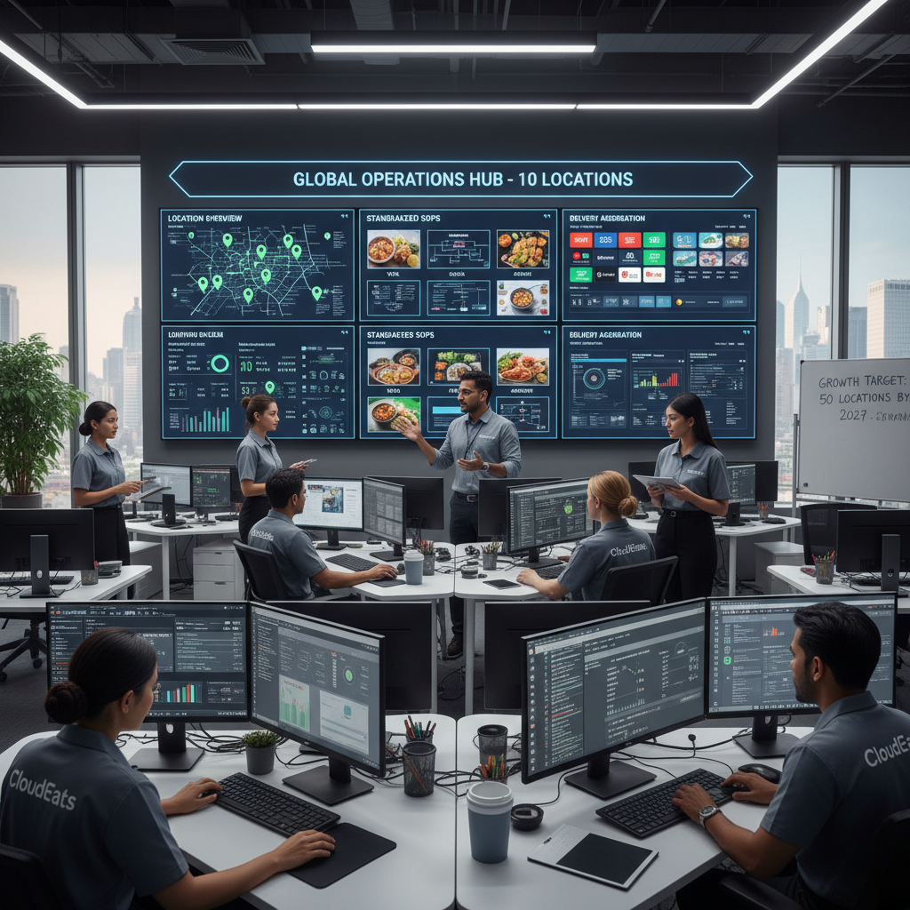 Scaling cloud kitchens from 1 to 10 locations showing SOPs, dashboards and centralized systems