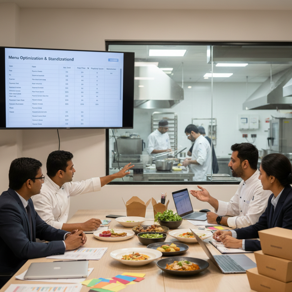 Cloud kitchen setup checklist showing prep station, packing station, label printer and storage racks