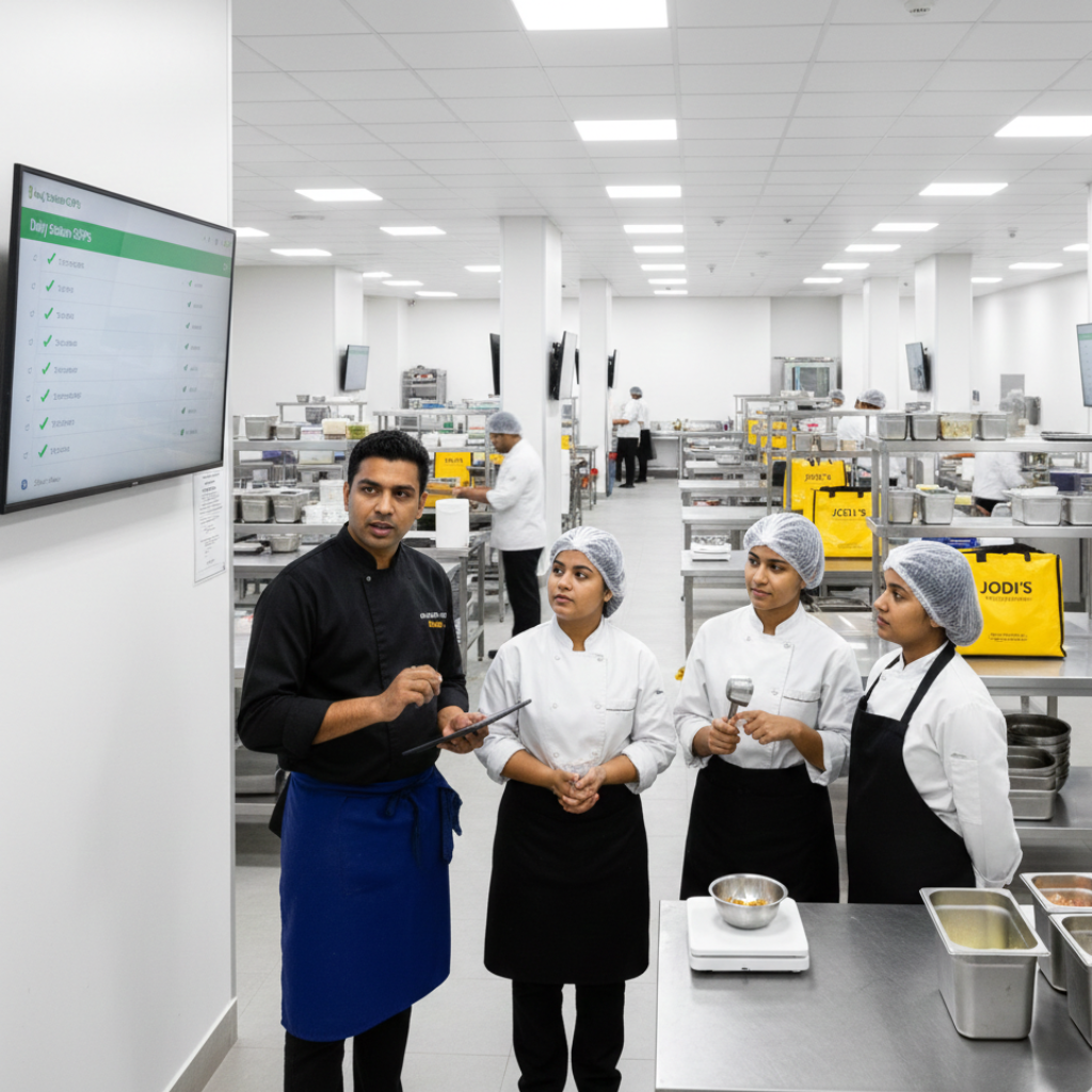 Cloud kitchen station-wise SOP line for prep, assembly, packing, and dispatch