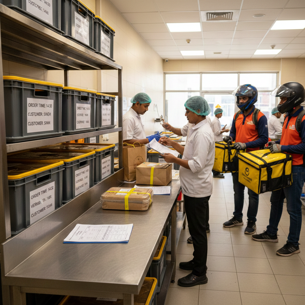 Cloud kitchen dispatch SOP: labelled crates, sealed containers, temperature log, and rider handoff staging for fast delivery