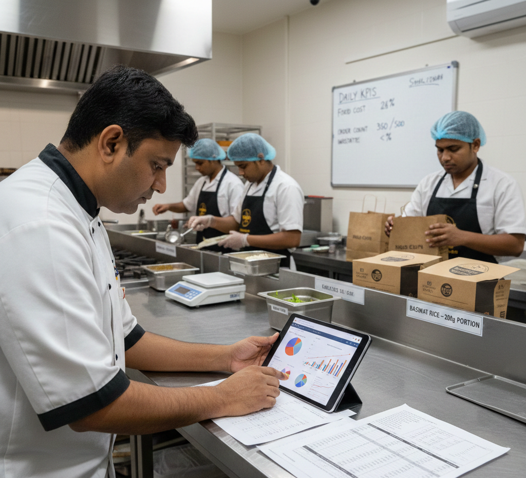 Dashboard showing key profitability metrics for cloud kitchens including contribution margin